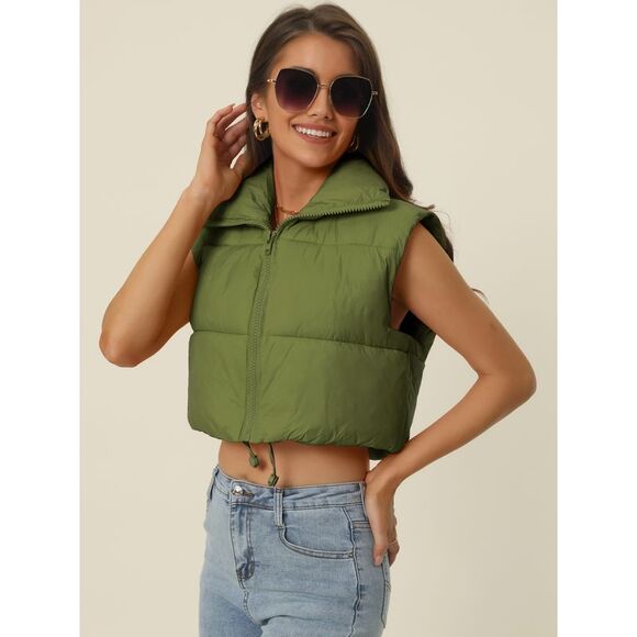 Crop Puffer Vest Lightweight StandCollar Sleeveless Padded Gilet Coat Army Green - Picture 3 of 6